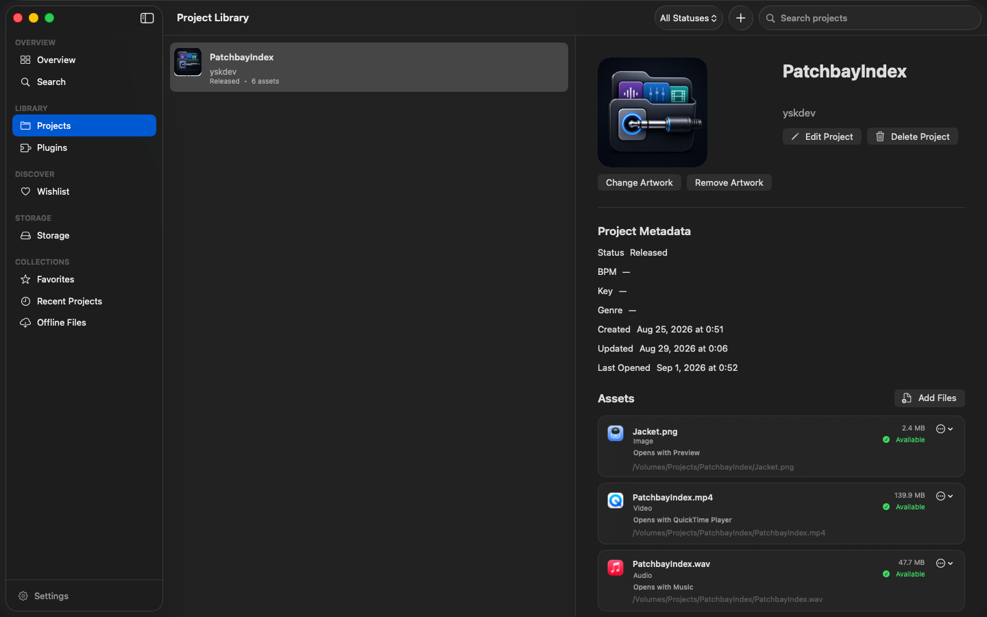 PatchbayIndexのProject Library画面